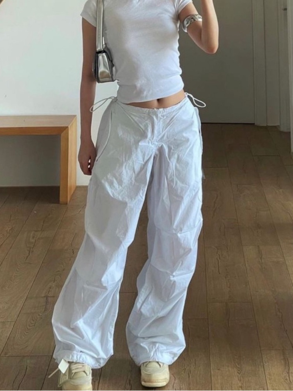 H&M White Wide-Leg Drawstring Pants
